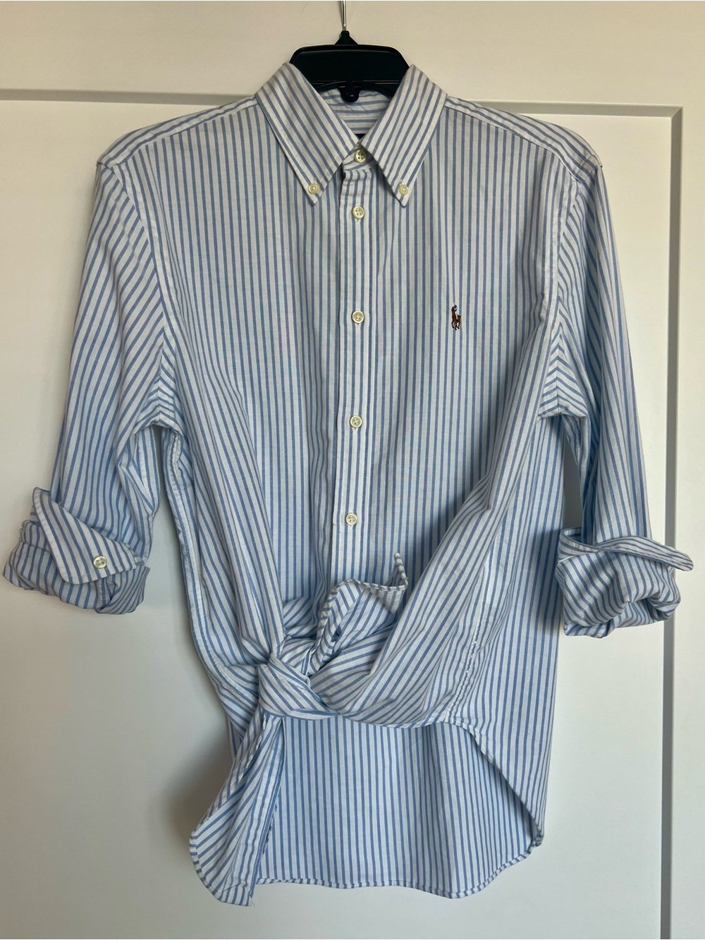 Ralph Lauren Button-Down Drop/Tie Front Shirt, Blue/White Pinstripe, Size Medium - Picture 4 of 5